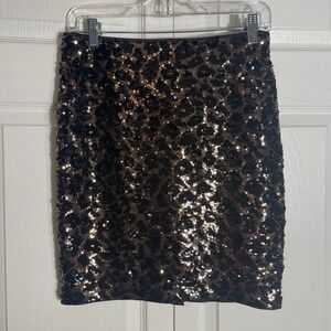 Vintage Cache Leopard Print Sequin Mini Skirt Women 2 Black Gold Y2K Party Retro
